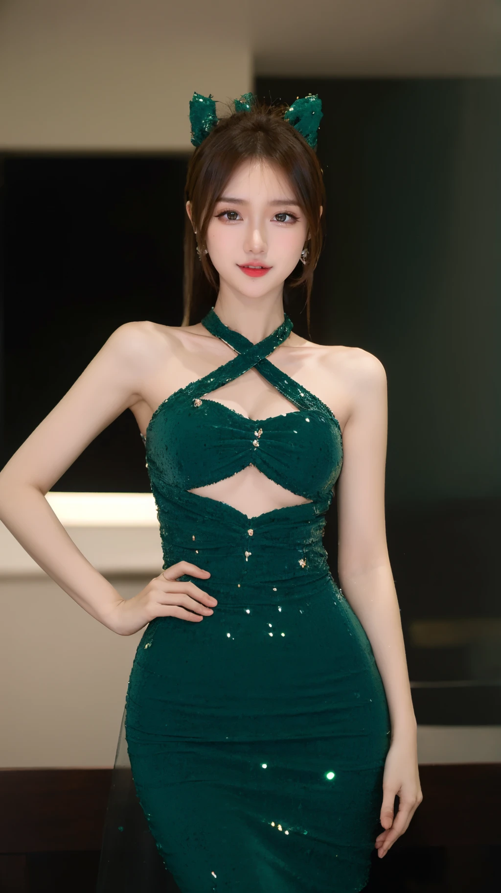 best quality,8K,solo,(1girl:1.3),(standing:1.3),window,tree,flower,jewelry,white background,looking at viewer,<lora:rc_20240106160443:0.8>,rc,(green dress:1.3),shiny,