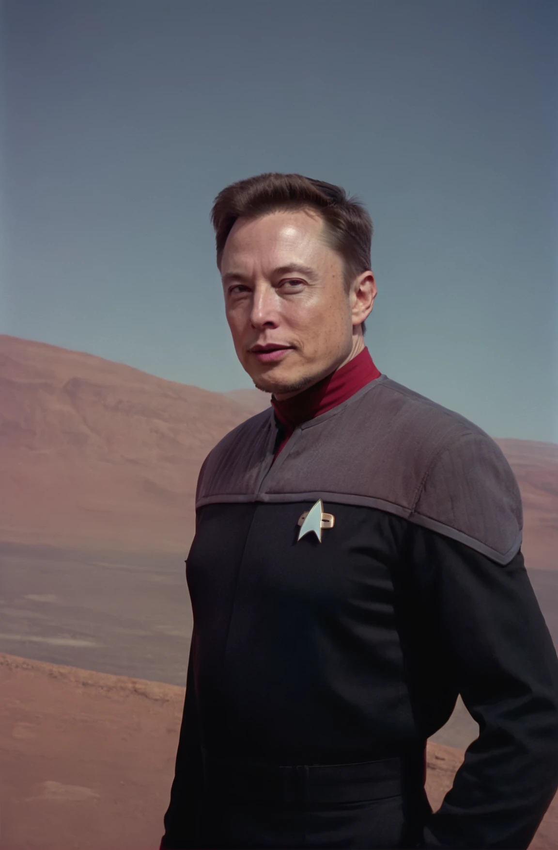 Elon Musk on Mars, in black and grey ds9st uniform,red collar, professional photo, shot on Hasselblad <lora:DS9XLVGRAD3:0.8>