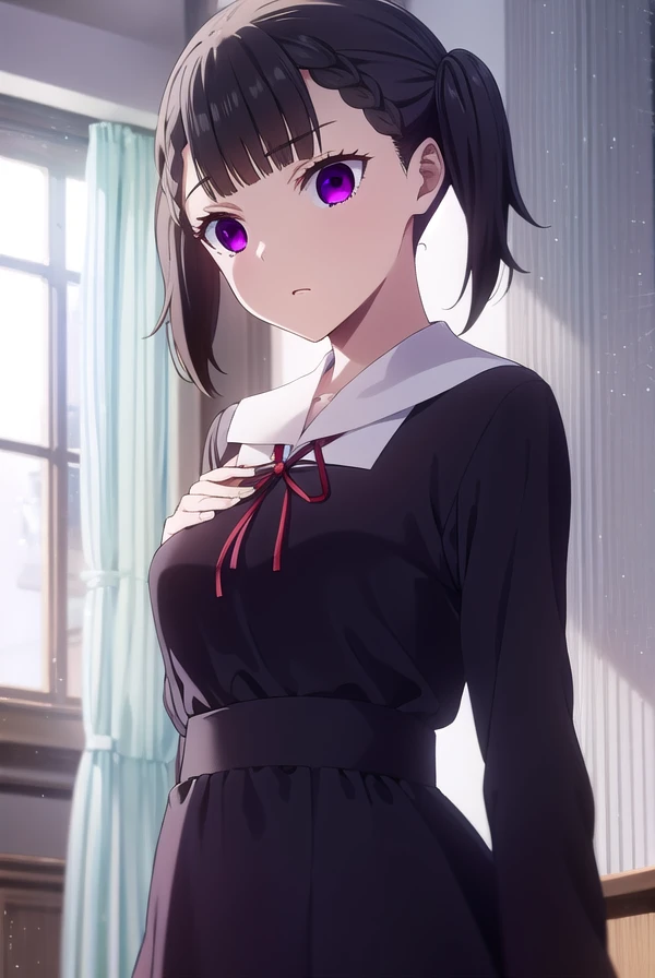 makishijou, <lora:maki shijou s3-lora-nochekaiser:1>,
maki shijou, bangs, blunt bangs, (purple eyes:1.1), twintails, two side up, braid, short twintails,
BREAK long sleeves, dress, ribbon, school uniform, black dress, red ribbon, neck ribbon, collared dress, shuuchiin academy school uniform,
BREAK indoors, classroom,
BREAK looking at viewer, (cowboy shot:1.5),
BREAK <lyco:GoodHands-beta2:1>, (masterpiece:1.2), best quality, high resolution, unity 8k wallpaper, (illustration:0.8), (beautiful detailed eyes:1.6), extremely detailed face, perfect lighting, extremely detailed CG, (perfect hands, perfect anatomy),