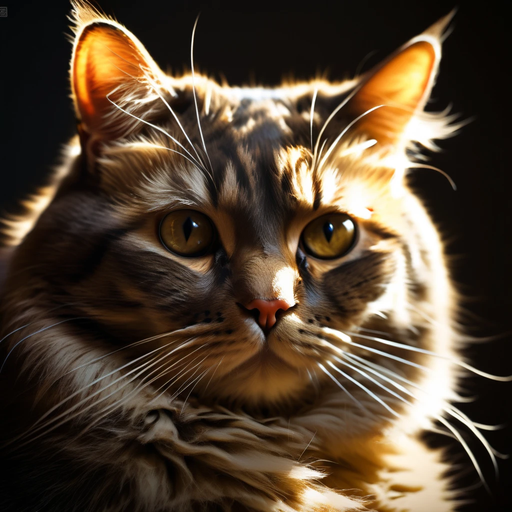 fat cat,
dark theme, detailed face, realistic skin texture,
low key, rim lighting, high contrast, deep shadows, dimly lighted,
eye contact, 
portrait,
looked at camera,
by greg rutkowski,
epic, masterpiece, trending on ArtStation,