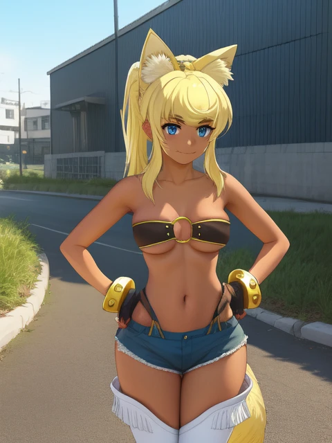 nsfw, masterpiece, best quality, detailed, photo realistic, perfect face, solo,
petite girl, Liru, dark skin, blue eyes, blonde hair & swept bang & bangs & ponytail, thick eyebrows, wolf ears & tail, medium breasts,
leather beltbra, denim shorts, bracelet, fingerless gloves, white thigh boots, perfect hands, hands on hips, looking away, smirk, wide-eyed,
city, road