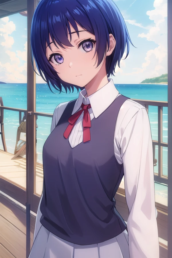 ainayoshizawa, <lora:aina yoshizawa s1-lora-nochekaiser:1>,
aina yoshizawa, short hair, blue hair, (purple eyes:1.1),
BREAK skirt, sleeveless, socks, shirt, white shirt, collared shirt, ribbon, neck ribbon,
BREAK outdoors, beach,
BREAK looking at viewer, (cowboy shot:1.5),
BREAK <lyco:GoodHands-beta2:1>, (masterpiece:1.2), best quality, high resolution, unity 8k wallpaper, (illustration:0.8), (beautiful detailed eyes:1.6), extremely detailed face, perfect lighting, extremely detailed CG, (perfect hands, perfect anatomy),