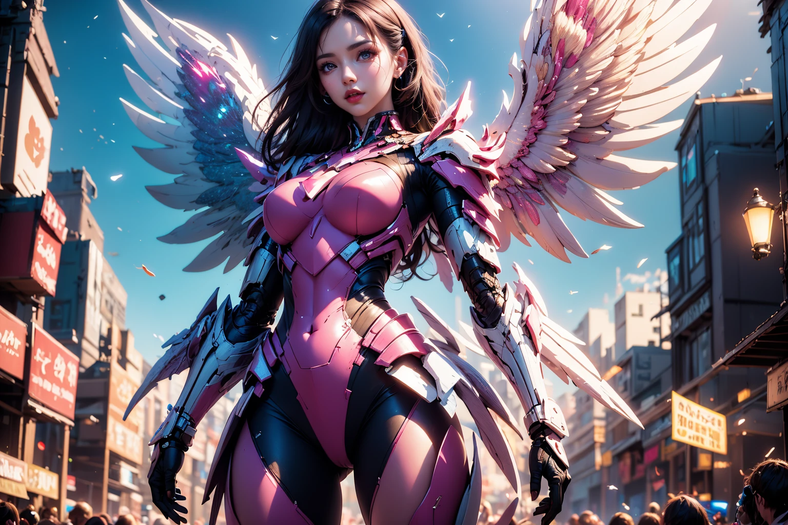 1girl,concept artwork,black hair,(Heroic and heroic girl:1.4),sky,wing,wings with fans,graphics card fan,strong woman mecha warrior,mighty and domineering,cool mecha,32k,pink and white color scheme,white armor,white_background,standing,cowboy_shot,<lora:AGirl_v1:1>,