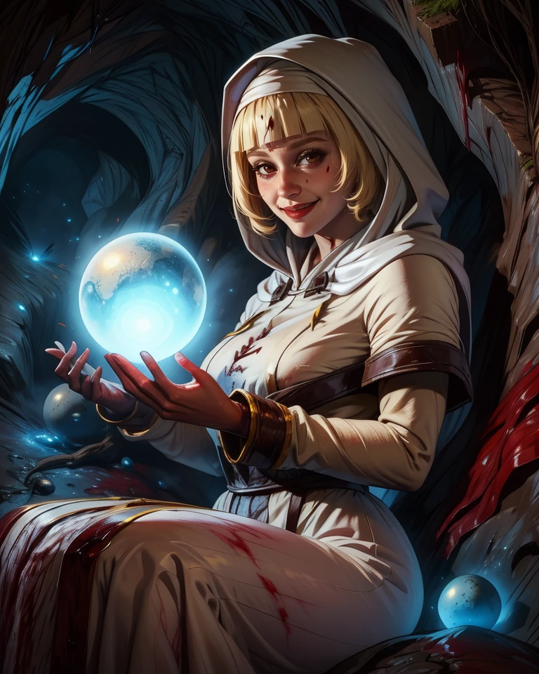 astrea,blonde hair,blunt bangs,brown eyes,
hood,white dress,holding blue magic orb of awesome power,blood on clothes,blood on face,
solo,sitting,long sleeves,smiling,
dark cave,blood pool,
(insanely detailed, masterpiece, best quality),<lora:astrea-10DSRv7:0.8>,