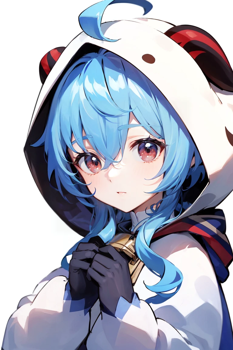 <lora:ganyuyoungany-0020:0.8>,ganyuyoungany,best quality,masterpiece,1girl, ganyu (genshin impact), blue hair, ahoge, hood, solo, gloves, hood up, bangs, horns, fur trim, blush, red eyes, long hair, parted lips, blurry, hair between eyes, <lora:g,W0pN9ObK2:0.6> <lora:hans-O3:0.6>