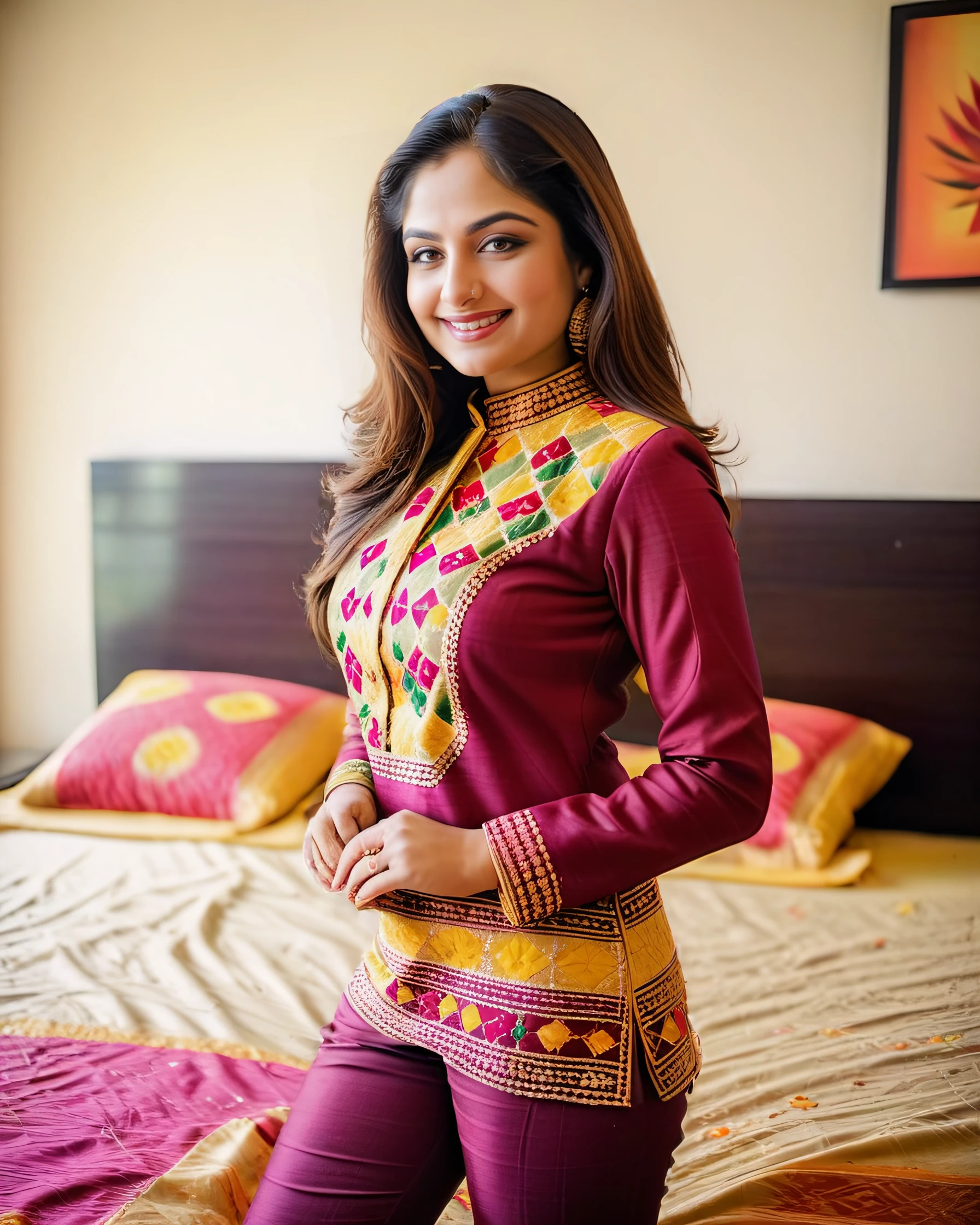 full body photo of a 30-year-old ayesha jhulka woman, high neck Phulkari Suit, smile, Point-of-view shot camera angle, perfect eyes, looking at camera, film grain, day time at hotel room, beautiful bokeh <lora:Ayesha_Jhulka_SDXL_LoRA:0.9>