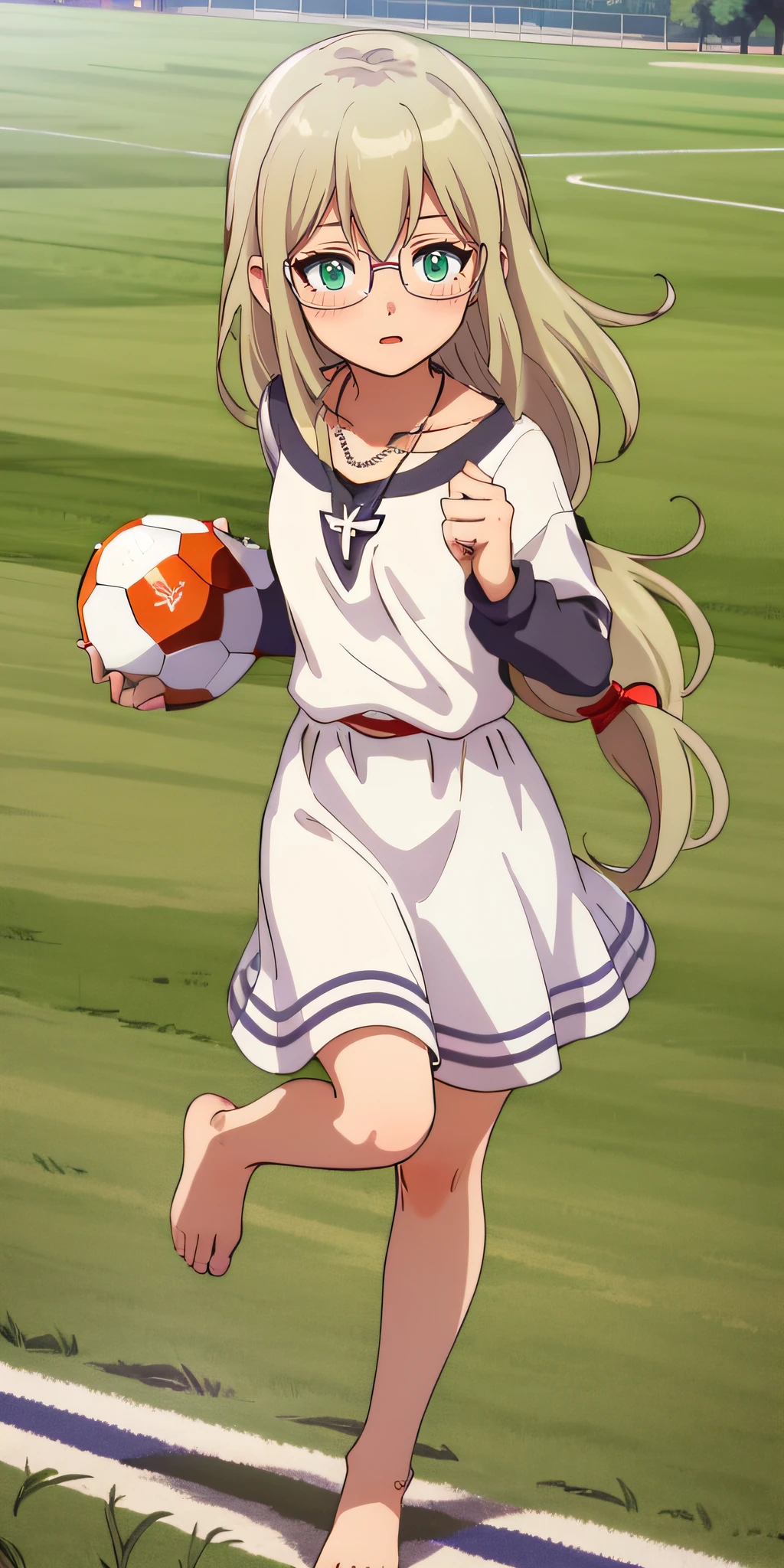 (masterpiece:1.2), best quality, high resolution, unity 8k wallpaper, (illustration), extremely detailed face, perfect lighting, extremely detailed CG, 1girl, solo, beautiful detailed eyes, <lora:Jeanne_Inazuma:0.8>, jeanne, standing, blonde hair, cowboy shot, necklace, glasses, looking at viewer, frontal view, green field, outdoor, blush, green eyes, white dress, kicking ball, full body, playing football, barefeet, feet, running:1.1
