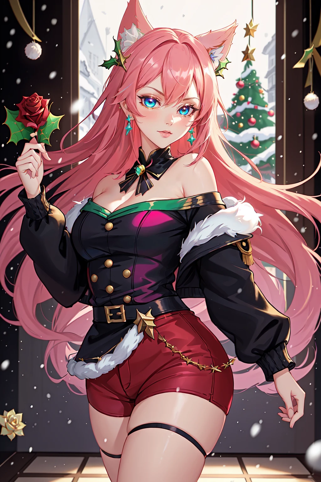 Mei hatsume,\(my hero academia\),my hero Mei Hatsume, a girl with yellow eyes with cross-shaped pupils and asymmetrically combed pink hair, with two longer locks on the right side of her face,(Wearing),+,(Imagine a dazzling, erotic twist on the traditional Mrs. Claus costume for a provocative Christmas cosplay. Start with a floor-length velvet dress in a rich crimson red hue, reminiscent of Santa's iconic suit. The fitted bodice should feature intricate gold embroidery reminiscent of festive holly leaves, with a plunging neckline that shows off ample cleavage. A wide satin sash cinches the waist, accentuating your curves before flowing into a dramatic pleated skirt. Add a few tempting touches, like sheer thigh-high stockings in a deep berry hue, supported by garter belts adorned with little bells. A pair of patent leather knee-high boots completes the look, their sleek black surface contrasting beautifully with the vibrant red dress. For a final flourish, incorporate some fun and mischievous elements – perhaps a little Santa hat dangling from the top of your head or a sprig of mistletoe cleverly hidden inside your cleavage. The overall effect should be a sensual, seductive take on classic holiday attire, perfect for offering sensual surprises under the mistletoe this Christmas season.) ,