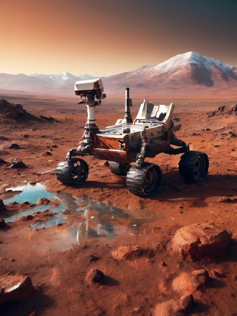 concept art cinematic photo lush, natural light and tones, intricate artwork, landscape vista, mars deset with sal lake, frozen crust, mars rover, epic, monumental, realistic textures and colors . 35mm photograph, film, bokeh, professional, 4k, highly detailed,