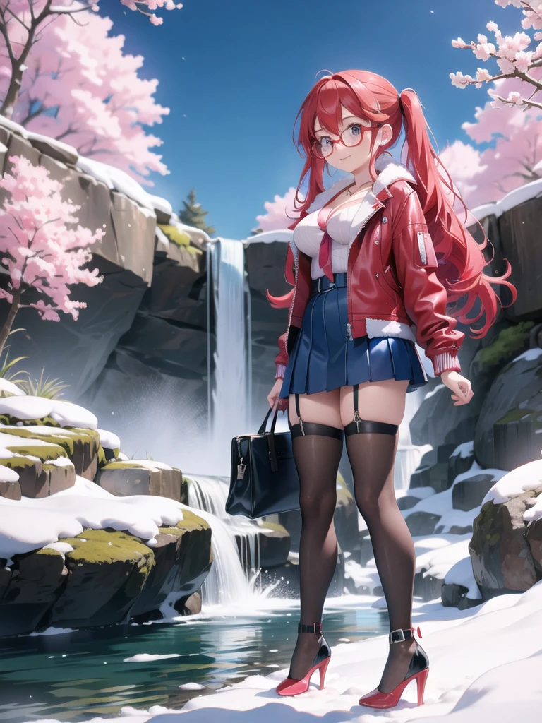 (Red long hair, blue hair, two-tone hair), red cat shaped eyes, medium breasts, star shaped glasses, pink heart pendant, pink heart earings, no underwear, red leather short jacket, blur short leather skirt, red lace fishnet stockings, blue leather high heels, black and white handbag,
onsen, night, snow, sakura trees in the background, waterfall in the background, body view