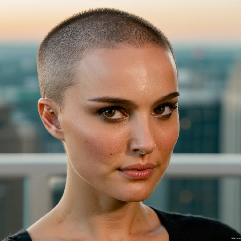 high quality, photo realistic image, beautiful girl, shaved head, small breasts, her nipples are pierced, her head is shiny bald, she has nipple jewelery, she is wearing nipple rings
