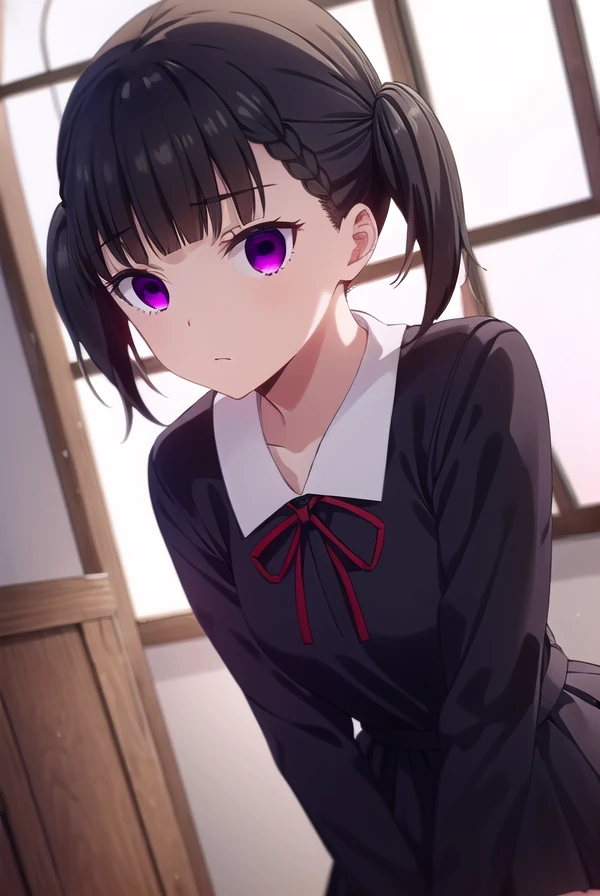 makishijou, <lora:maki shijou s3-lora-nochekaiser:1>,
maki shijou, bangs, blunt bangs, (purple eyes:1.1), twintails, two side up, braid, short twintails,
BREAK long sleeves, dress, ribbon, school uniform, black dress, red ribbon, neck ribbon, collared dress, shuuchiin academy school uniform,
BREAK indoors, classroom,
BREAK looking at viewer, (cowboy shot:1.5),
BREAK <lyco:GoodHands-beta2:1>, (masterpiece:1.2), best quality, high resolution, unity 8k wallpaper, (illustration:0.8), (beautiful detailed eyes:1.6), extremely detailed face, perfect lighting, extremely detailed CG, (perfect hands, perfect anatomy),