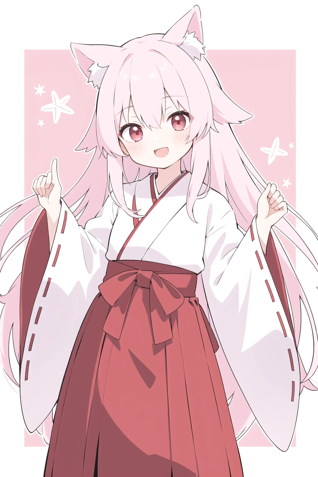 shiina yuika,1girl,virtual youtuber,animal ears,japanese clothes,solo,long hair,animal ear fluff,skirt,miko,hakama,ribbon-trimmed sleeves,ribbon trim,very long hair,bangs,smile,hakama skirt,kimono,wide sleeves,long sleeves,pink background,white kimono,sleeves past wrists,open mouth,arm up,red hakama,hair between eyes,:d,cat ears,blush,white hair,red eyes,two-tone background,pink eyes,pink hair,looking up,