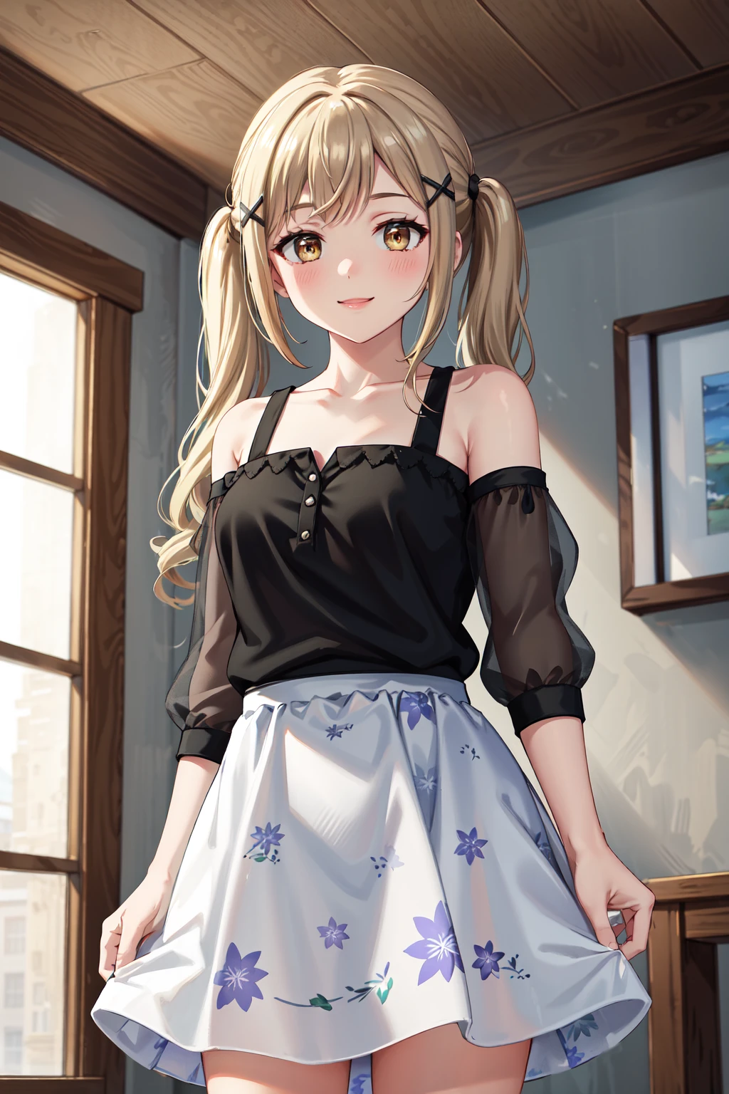 masterpiece,best quality,highres,ultra-detailed,ccarisa,long hair,twintails,bangs,x hair ornament,bare shoulders,collarbone,see-through,black shirt,short sleeves,see-through sleeves,detached sleeves,white skirt,print skirt,floral print,<lora:ichigaya_arisa:0.7>,indoors,cowboy shot,standing,smile,