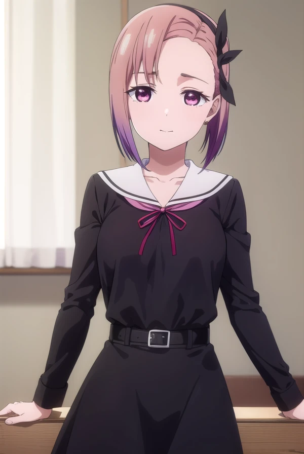 tsubamekoyasu, <lora:tsubame koyasu s3-lora-nochekaiser:1>,
tsubame koyasu, short hair, hair ribbon, pink hair, purple hair, multicolored hair, (pink eyes:1.3), gradient hair, (forehead:1.2), smile,
BREAK long sleeves, dress, ribbon, school uniform, collarbone, (black dress:1.2), sailor collar, white sailor collar, red ribbon, neck ribbon, shuuchiin academy school uniform,
BREAK indoors, classroom,
BREAK looking at viewer, (cowboy shot:1.5),
BREAK <lyco:GoodHands-beta2:1>, (masterpiece:1.2), best quality, high resolution, unity 8k wallpaper, (illustration:0.8), (beautiful detailed eyes:1.6), extremely detailed face, perfect lighting, extremely detailed CG, (perfect hands, perfect anatomy),