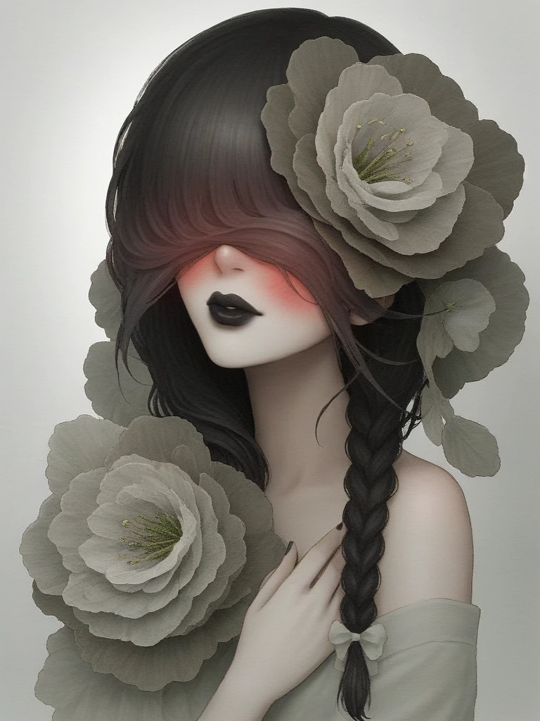 [score_9, score_8_up:anime:0.65]
solo, hair covering eyes with 2long side bangs braided symmetrical, cherry red cheeks blushing with black lipstick,
 <lora:eyeflower-000039:0@0,0@0.25,1@0.4,0.4@0.5> eyeflower,