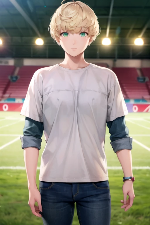 photorealistic, (4k), depth of field, (Masterpiece), (realistic skin texture), extremely detailed, intricate, hyper detailed, high resolution, professional photography, bokeh, depth of field, sharp detail, best quality, looking at viewer, 1boy, solo, male focus, <lora:michael_synduality_noir:0.82>, michael_synduality_noir, blonde hair, green eyes, short hair, jeans, caps, soccer field, HDR