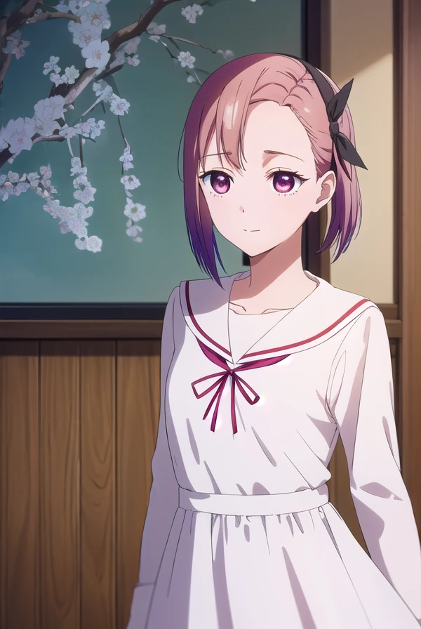 tsubamekoyasu, <lora:tsubame koyasu s3-lora-nochekaiser:1>,
tsubame koyasu, short hair, hair ribbon, pink hair, purple hair, multicolored hair, (pink eyes:1.3), gradient hair, (forehead:1.2), smile,
BREAK long sleeves, dress, ribbon, school uniform, collarbone, (black dress:1.2), sailor collar, white sailor collar, red ribbon, neck ribbon, shuuchiin academy school uniform,
BREAK indoors, classroom,
BREAK looking at viewer, (cowboy shot:1.5),
BREAK <lyco:GoodHands-beta2:1>, (masterpiece:1.2), best quality, high resolution, unity 8k wallpaper, (illustration:0.8), (beautiful detailed eyes:1.6), extremely detailed face, perfect lighting, extremely detailed CG, (perfect hands, perfect anatomy),