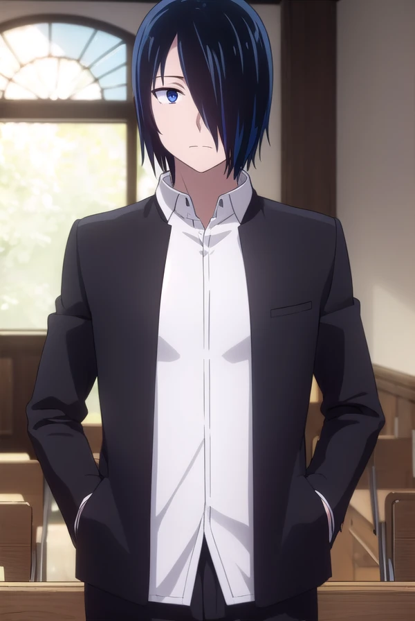 yuuishigami, <lora:yuu ishigami s3-lora-nochekaiser:1>,
yuu ishigami, black hair, blue hair, male focus, (hair over one eye:1.5), (black eyes:1.3),
BREAK shirt, school uniform, jacket, white shirt, open clothes, black jacket, gakuran,
BREAK indoors, classroom,
BREAK looking at viewer, (cowboy shot:1.5),
BREAK <lyco:GoodHands-beta2:1>, (masterpiece:1.2), best quality, high resolution, unity 8k wallpaper, (illustration:0.8), (beautiful detailed eyes:1.6), extremely detailed face, perfect lighting, extremely detailed CG, (perfect hands, perfect anatomy),