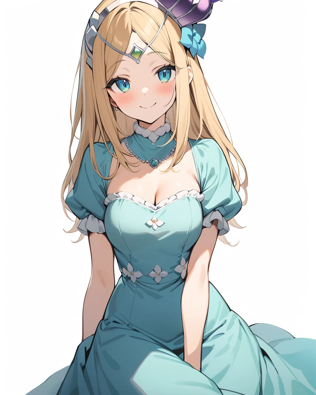masterpiece,best quality,<lora:huang_4dim:1>,1girl,solo,smile,crown,white background,short sleeves,puffy sleeves,looking at viewer,puffy short sleeves,blue dress,simple background,