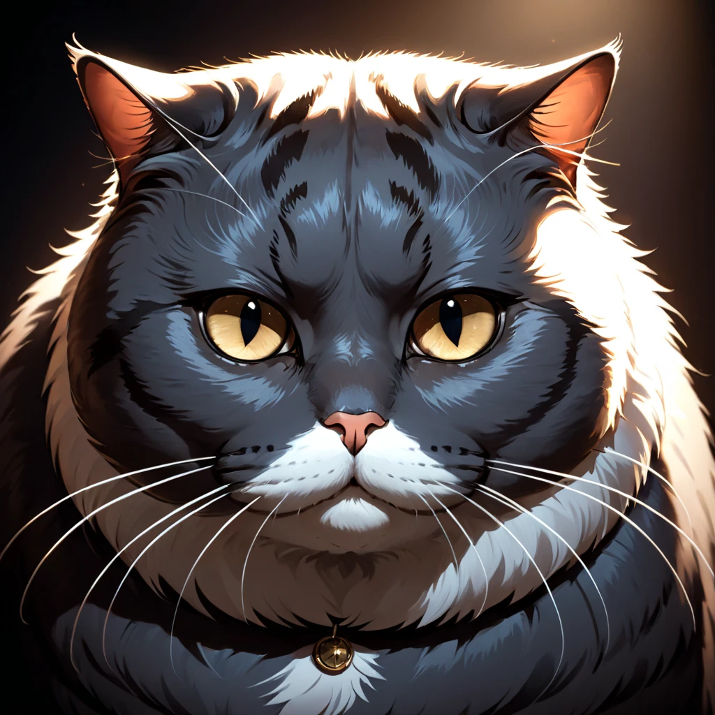 fat cat,
dark theme, detailed face, realistic skin texture,
low key, rim lighting, high contrast, deep shadows, dimly lighted,
eye contact, 
portrait,
looked at camera,
by greg rutkowski,
epic, masterpiece, trending on ArtStation,