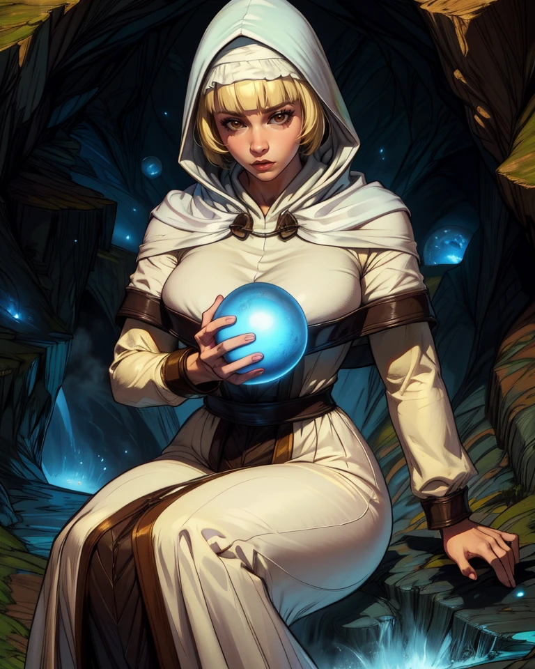 astrea,blonde hair,blunt bangs,brown eyes,
hood,white dress,
holding blue magic orb of awesome power,
solo,sitting,long sleeves,
dark cave,
(insanely detailed, masterpiece, best quality),<lora:astrea-10DSRv7:0.8>,