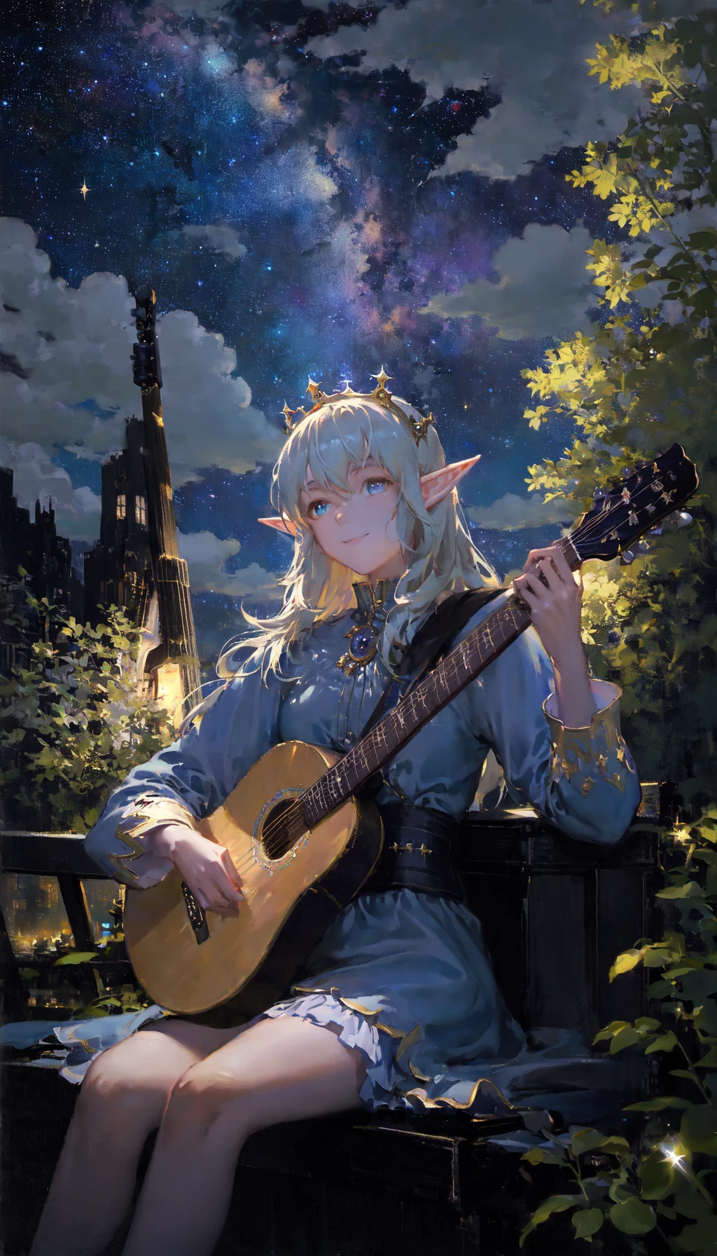 masterpiece, best quality, the cloud elf queen busks on the streets of new york, casual, sitting, playing guitar, portrait, dark moody lighting, night sky, night, starry sky, glittering, sparkle, dark, (smile:0.8)