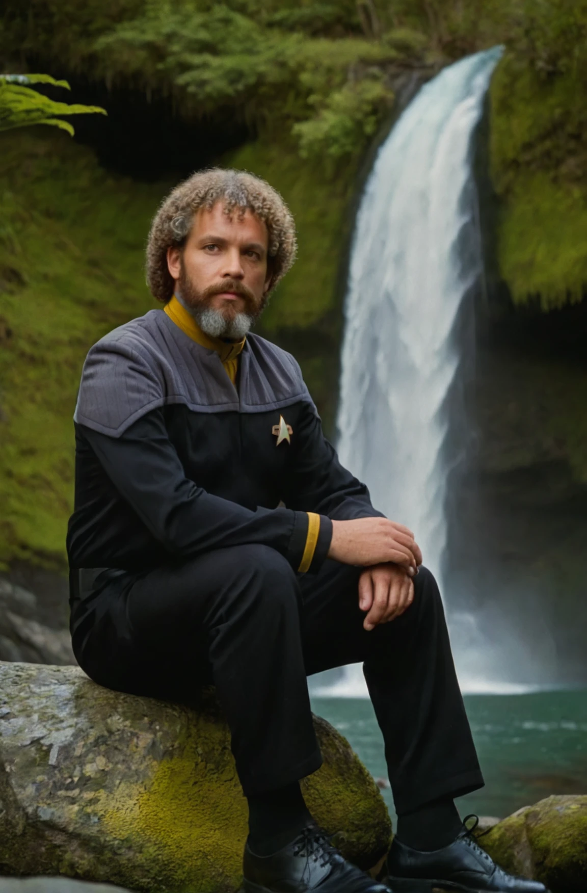 black ds9st uniform,grey shoulders,yellow collar,man with curly hair and beard sitting on a rock near a waterfall,professional photo, shot on Hasselblad <lora:DS9XLVGRAD3:0.8>