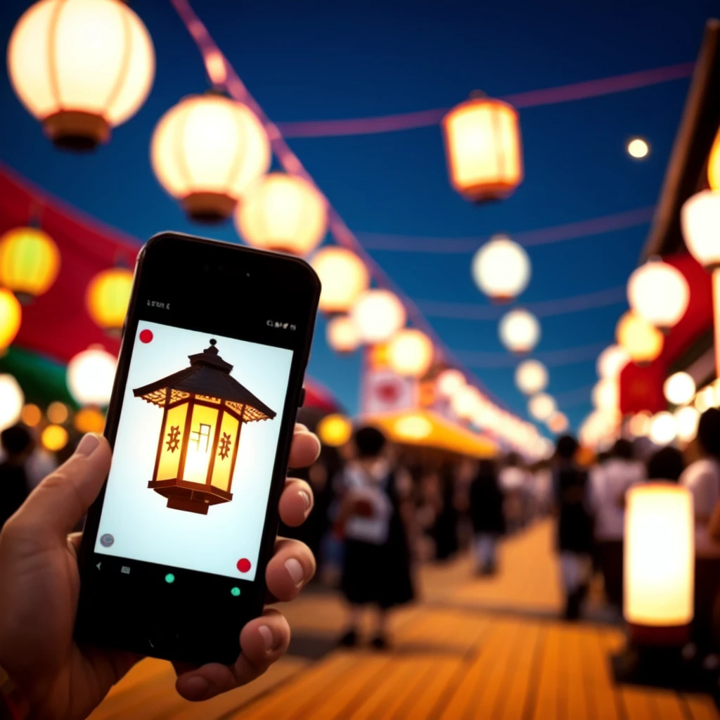 bracelet, lantern, pov hand, smartphone, festival, night, <lora:lantern_and_smartphone_v1:0.5>