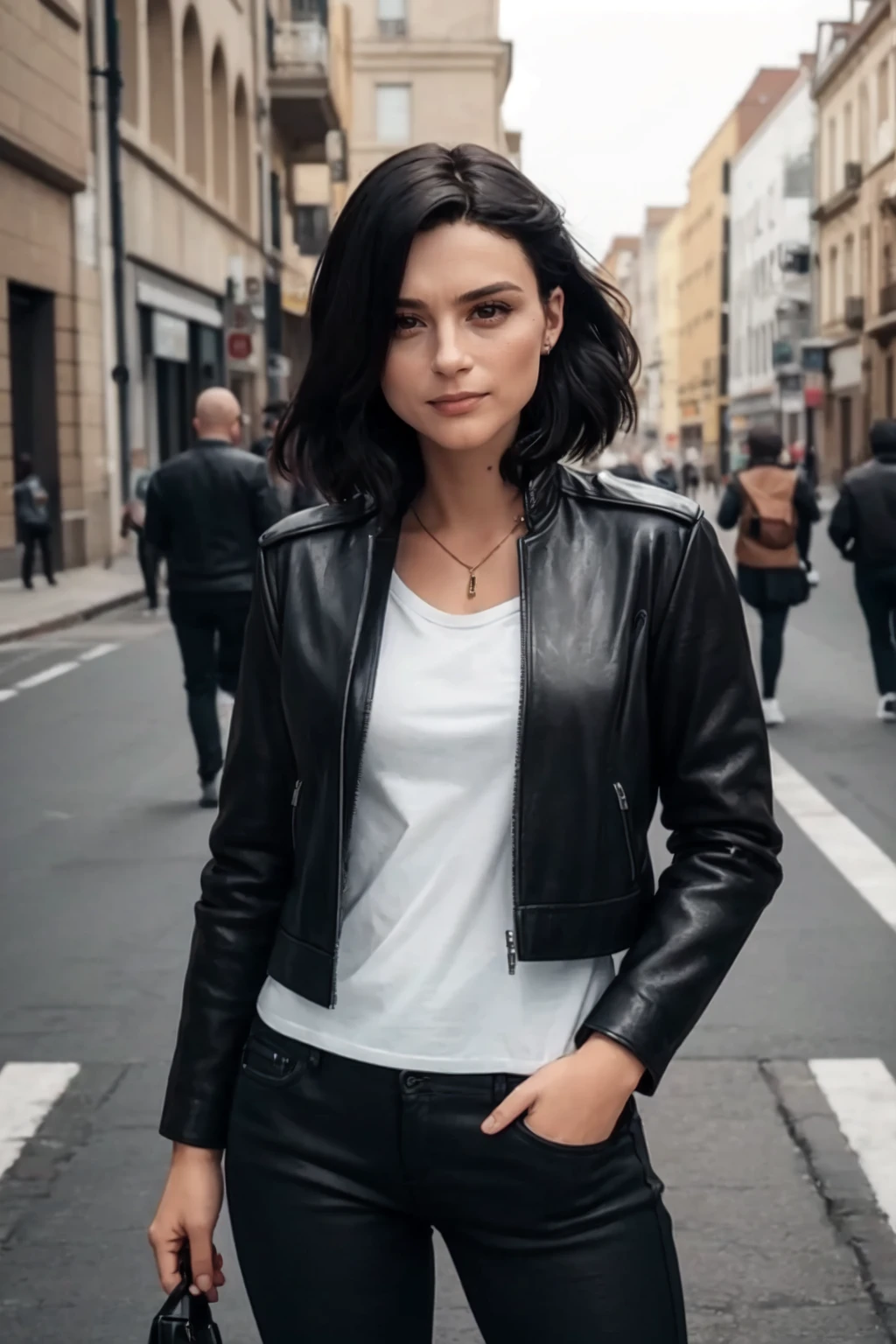 <lora:mondongo_LoRA_AyaCash:1> mndngwmn, (3/4 body), (8k, masterpiece),(high quality), wearing a leather jacket, on the street