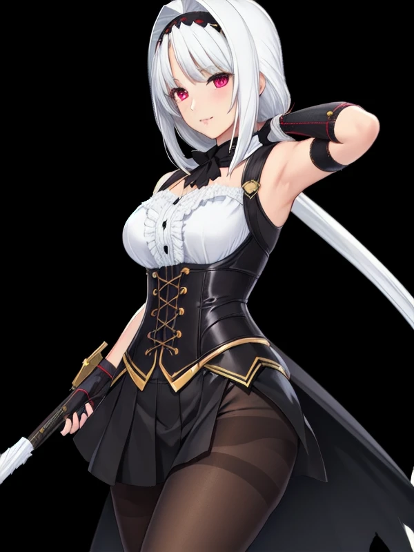(masterpiece), (((best quality))), ((detailed face)), (perfect face), (detailed eyes), (beautiful eyes), award winning, (4k), incredibly absurdres, (absurdres), (highres), (sharp), extremely detailed CG, 8k_wallpaper, ((ultra-detailed))), (illustration), CG, wallpaper, ((HDR)), ((high quality)), ((high-definition)), (((extremely detailed))), <lora:azurlanedrake:0.7>, (full body), long hair, silver hair, ponytail, yellow eyes, large breasts, wide hips, thighs, standing, cross-laced clothes, necktie, detached collar, low neckline, black gloves, elbow gloves, red strapless dress, tube dress, bare shoulders, corset, black thigh boots, black cape, sword, black bowtie, head tilt, smug, open mouth, smile