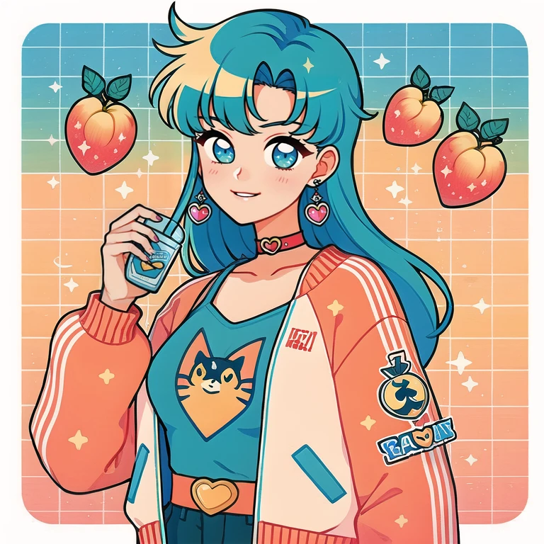 (Best quality,masterpiece:1.2), <lora:flat-000016:0.6>
illustration\(outline\), 1girl, solo, cowboy shot, upper body,black cat,  blue background, 
multicolored hair,gradient hair,aqua eyes,blue eyes,sailor moon,letterman jacket,red choker, alternate costume, rose print,
blush,red theme,hand up, gradient,animal on shoulder,
closed lips, heart, smile, blunt bangs,looking at viewer,  holding,pink nails,hair ornament,
bangs, long sleeves, long hair, earrings,jewelry,pants, pink sweater,shirt,fruit, peach, food, juice box, leaf, drinking straw,
