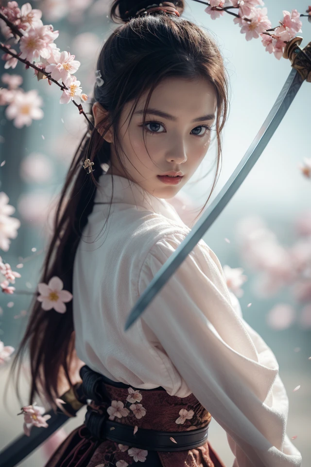 Sword Sakura,upper_body,1girl,weapon,sword,black hair,petals,cherry blossoms,long hair,chinese clothes,blurry,hair bun,hair ornament,holding weapon,looking at viewer,holding sword,holding,long sleeves,facial mark,single hair bun,flower,
outdoors,best quality,masterpiece,illustration,an extremely delicate and beautiful,CG,unity,8k wallpaper,Amazing,finely detail,masterpiece,official art,extremely detailed CG unity 8k wallpaper,incredibly absurdres,huge filesize,ultra-detailed,highres,extremely detailed,beautiful detailed girl,realistic,<lora:Sword Sakura_20240129064936:0.8>,