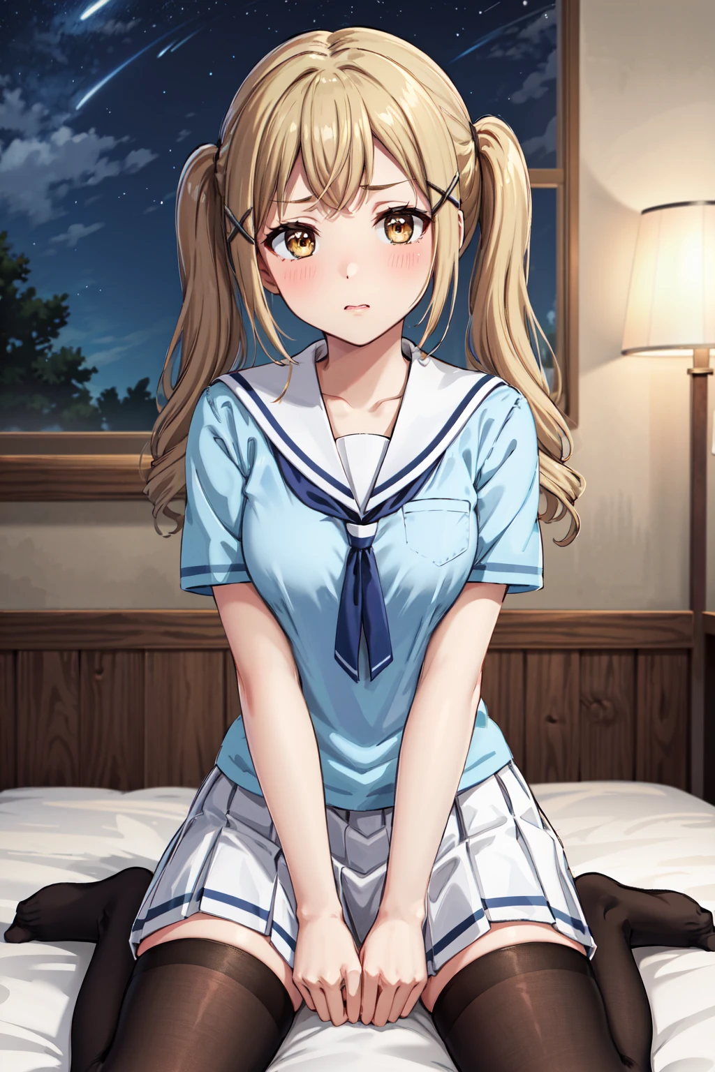 masterpiece,best quality,highres,ultra-detailed,bbarisa,long hair,twintails,bangs,x hair ornament,hanasakigawa school uniform,serafuku,white sailor collar,blue neckerchief,blue shirt,short sleeves,white skirt,black thighhighs,<lora:ichigaya_arisa:0.7>,indoors,bed,sitting,blush,(embarrass:1.2),night,wariza,