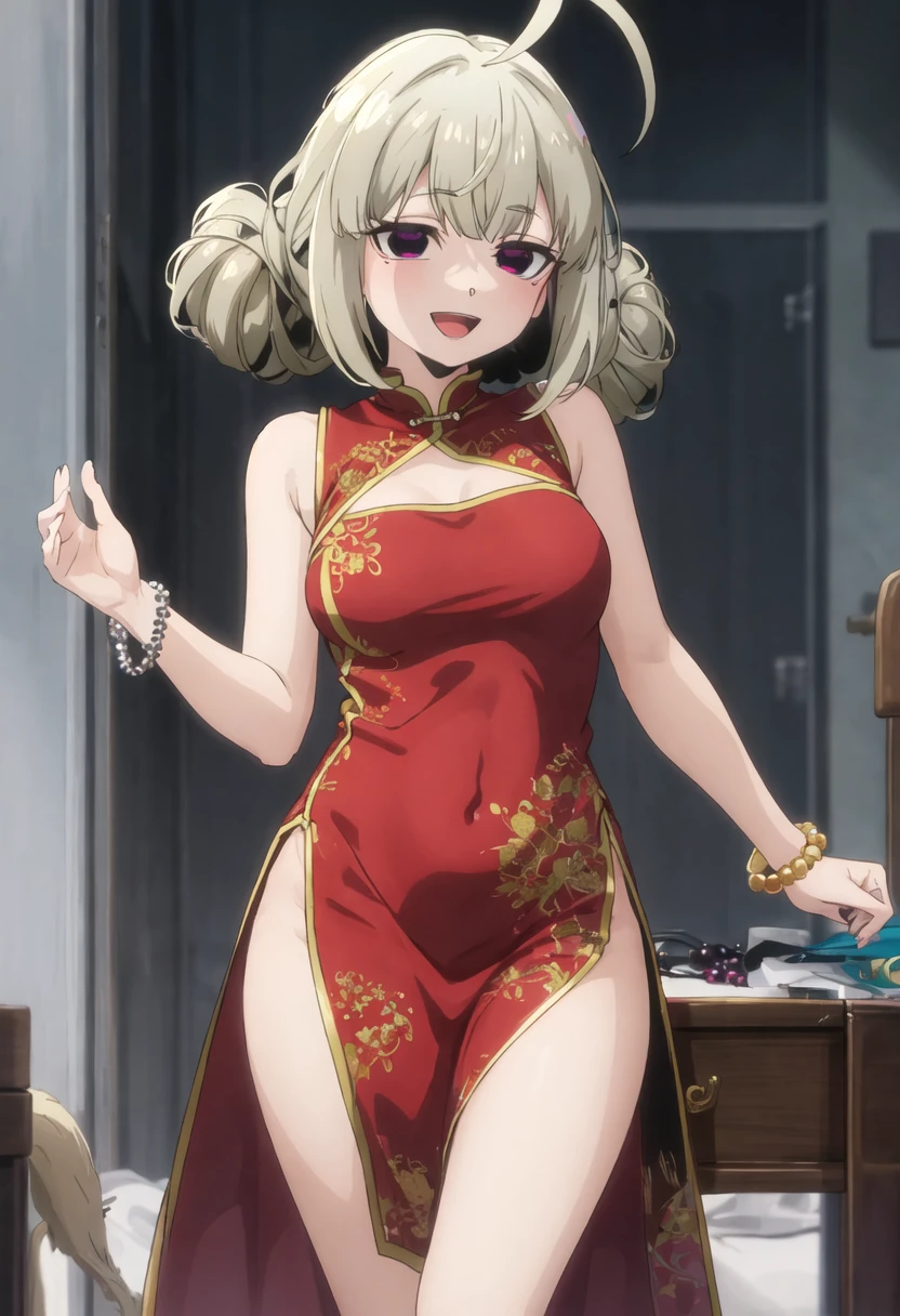 (best quality), ((highly detailed)), (masterpiece), (1girl), (Marcille_Donato_Dungeon Meshi), blonde hair, long hair, twin braids, elf, pointy ears, green eyes, looking at viewer, (red china long dress: 1.5), (gold decoration dress:1.2), (sleeveless), (deep slit), (red high-heels: 1.3), fullbody, standing, arms behind back, indoors, bar