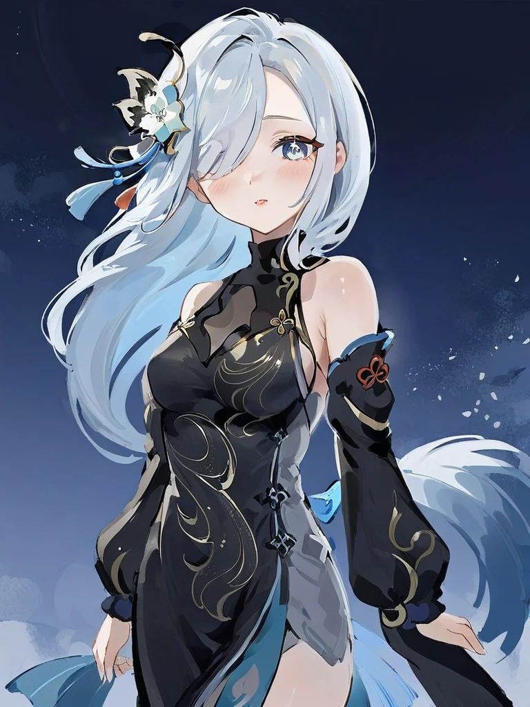 <lora:xl_shenhe(lenghuayoulu)2-000012:1>,shenhe is a girl with light blue hair and blue eyes,She is wearing the "Lenghuayoulu" outfit which includes black china dress and black black sleeves,, masterpiece, best quality,
