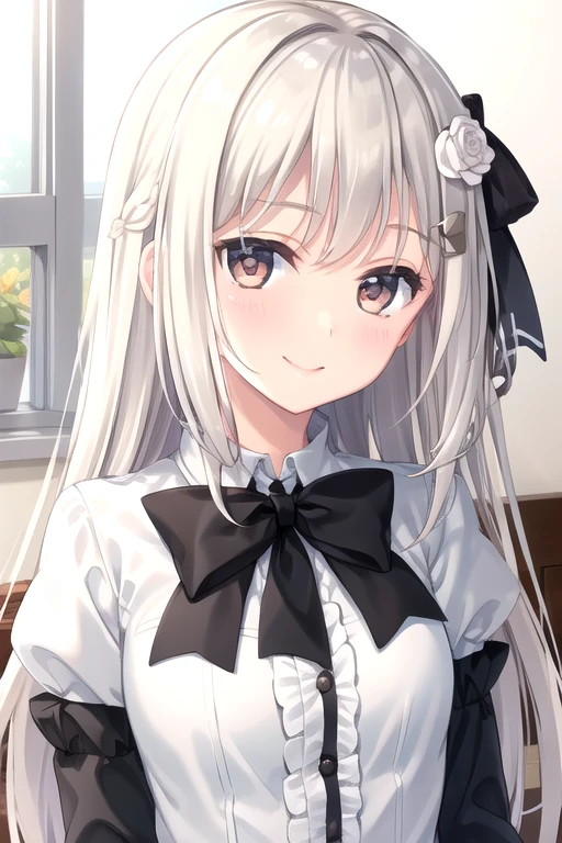((masterpiece)),(best quality),official art,extremely detailed CG,unity 8k wallpaper,ultra detailed,beautiful detailed eyes,extremely detailed face,1girl,solo,upper body,(portrait:1.2),looking at viewer,facing viewer,smile,very long hair,silver hair,hair bow,hair flower,hair ornament,side swept bangs,sidelocks,brown eyes,school uniform,long sleeves,white shirt,puffy sleeves,black bow,black ribbon,medium breasts,white skirt,frilled skirt,zettai ryouiki,black thighhighs,black footwear,mary janes,<lora:Enamori Senri(pa):0.6>,