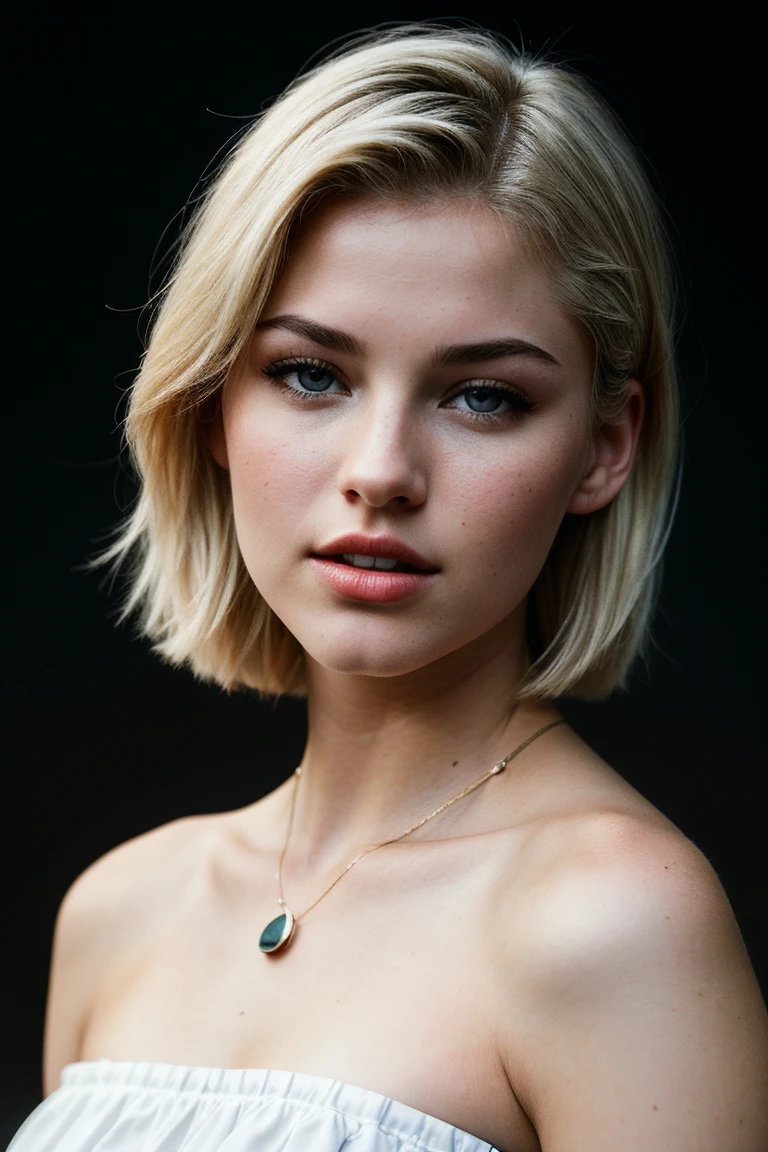 photo of seductive (sgrey140:0.99), a beautiful woman, perfect short blonde hair, (with her hair blowing in the wind), (modern photo), (Dark Chocolate Brown strapless dress), ((plain Cerise background gradient:1.1)), closeup portrait, 85mm, (analog, cinematic, film grain:1.3), detailed eyes, necklace, (epicPhoto), (looking at viewer:1.1), (cinematic shot:1.3)