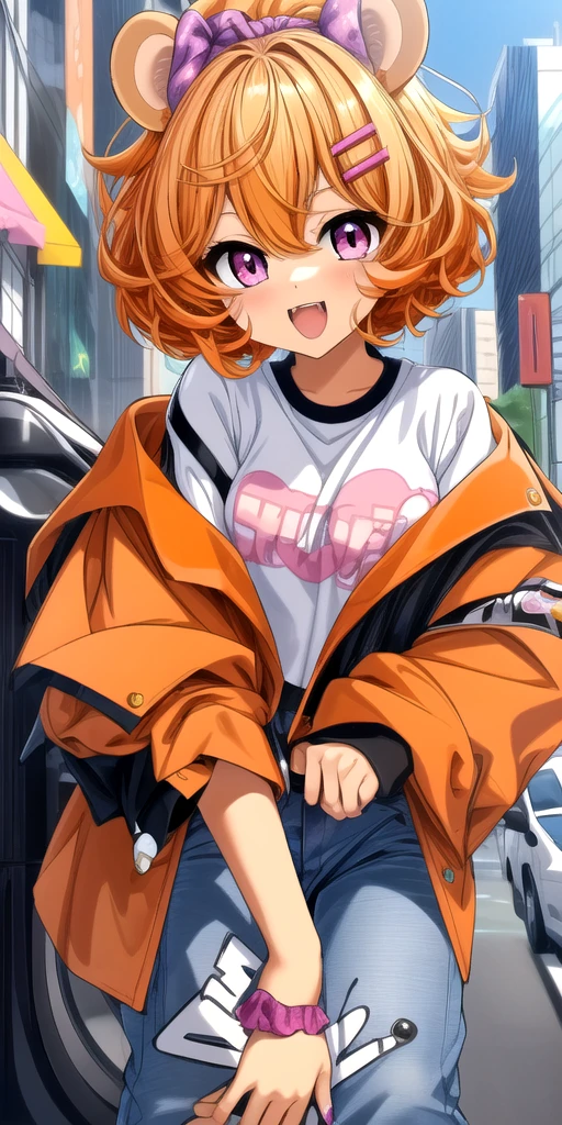 eimi, (solo), middriff, hairclip, shoes, small hamster ears, hamster girl, curly hair, short hair, orange hair, black scrunchie, orange ribbon, <lora:add_detail:0.8>, purple gradient pink eyes, big eyes, virtual youtuber, <lora:hyperrefiner_v090:0.7>, <lora:EIMI-PC-V2_1:0.7>, close up,(((jeans, sleeved shirt, city)))