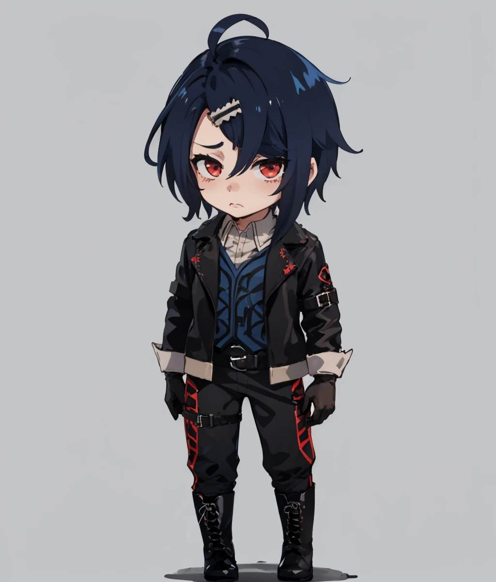 simple background, (chibi:1.2), 1boy, full body, standing, solo, looking at viewer, scared, <lora:AlcrystFE-bsinky-v1:0.9> casAlcryst, white gloves, black jacket, hairclip, collared shirt, belt, black pants, boots