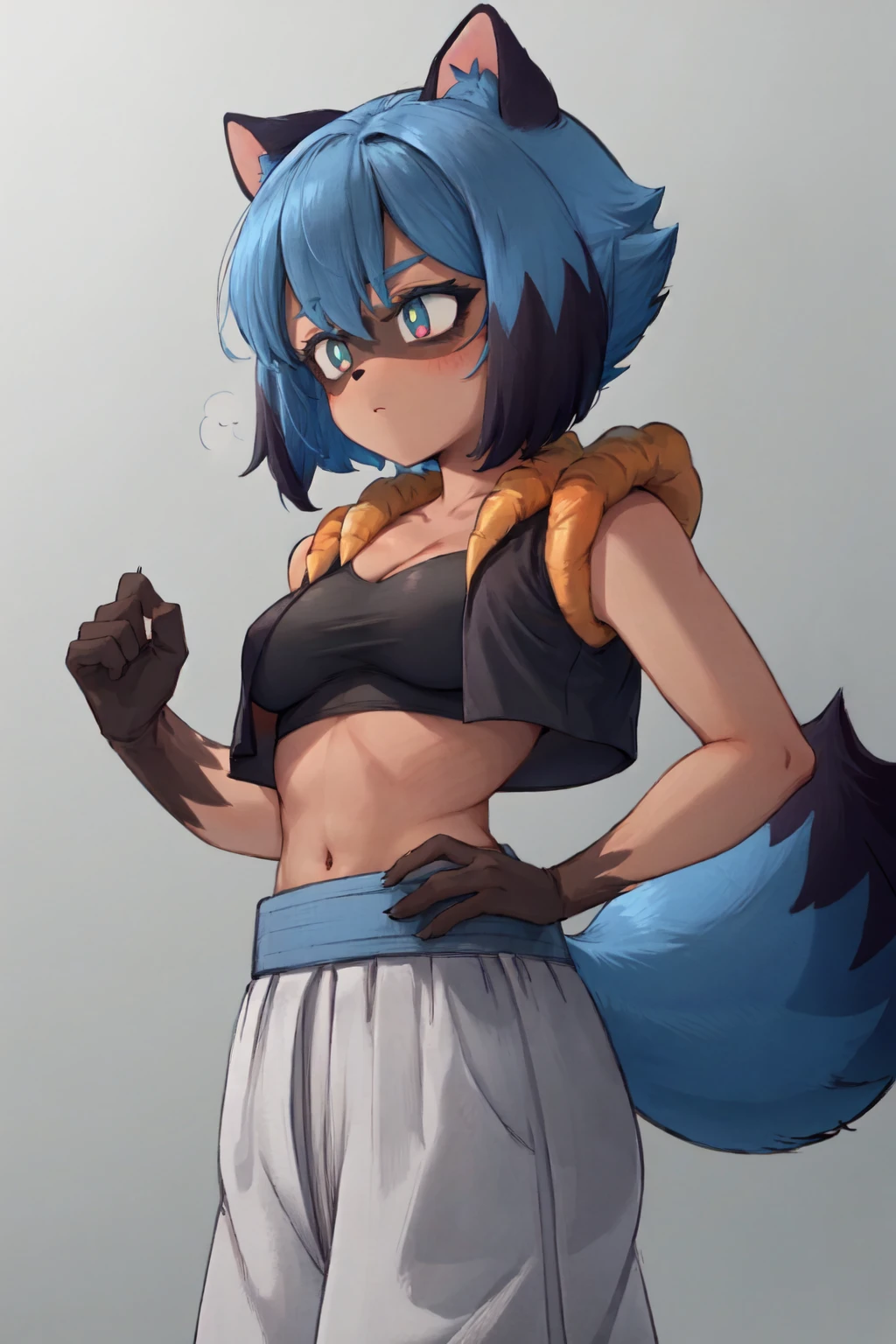 best quality, 1girl, raccoon girl, solo, furry, furry female, michiru_kagemori, blue hair, short hair, multicolored eyes, animal nose, triangle shaped nose, animal ears, (tail), bushy tail, two tone skin, brown colored hands <lora:MichiruV2.1:1>, <lora:MetamoranVest:1>, metamoran vest, breasts, white pants, blue belt, black shirt, crop top