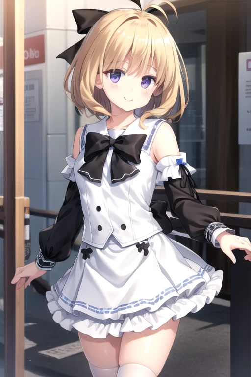 ((masterpiece)),(best quality),official art,extremely detailed CG,unity 8k wallpaper,ultra detailed,beautiful detailed eyes,extremely detailed face,1girl,solo,cowboy shot,looking at viewer,facing viewer,smile,antenna hair,short hair,blonde hair,hair bow,purple eyes,bangs,school uniform,long sleeves,white shirt,puffy detached sleeves,black bow,black ribbon,white skirt,frilled skirt,white socks,kneehighs,loafers,<lora:Aki Kanoko(pa):0.7>,