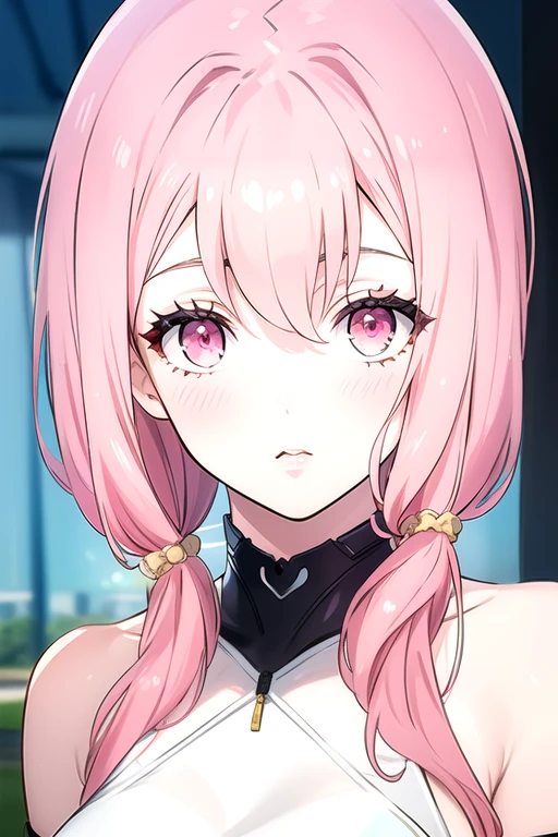 (best quality:1.1), (masterpiece:1.4), still, , , , , (semi-realistic:1.4), 1girl, solo, <lora:ellie_synduality_noir:0.82>, ellie_synduality_noir, pink hair, pink eyes, , , bangs, herald costume, ,
