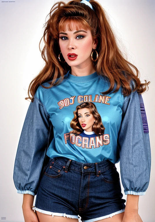Kooky portraits of 90âs mall woman 26YO TiffyMinx, retro clothing, tshirt, college jacket, blue jeans, closeup, shot on VHS, <lora:TiffyMinxy:1>,