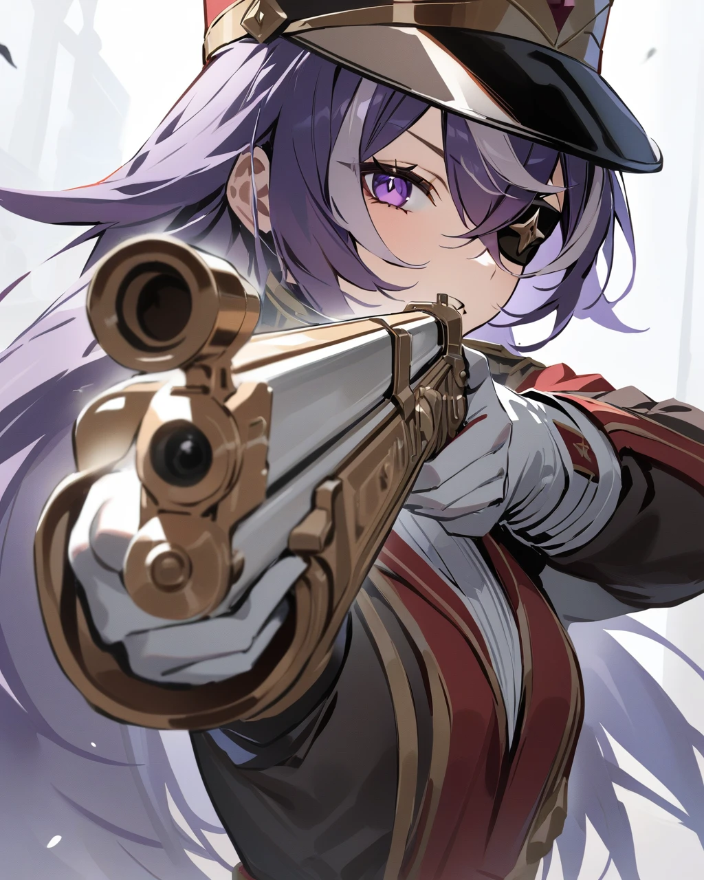 masterpiece,best quality,<lora:hevreuse_4dim:1>,1girl, weapon, solo, gun, eyepatch, hat, long hair, gloves, purple eyes, white gloves, purple hair, holding weapon, holding, holding gun, virtual youtuber, hair between eyes, teeth, uniform, shako cap, military, looking at viewer, aiming, military hat, military uniform, bangs