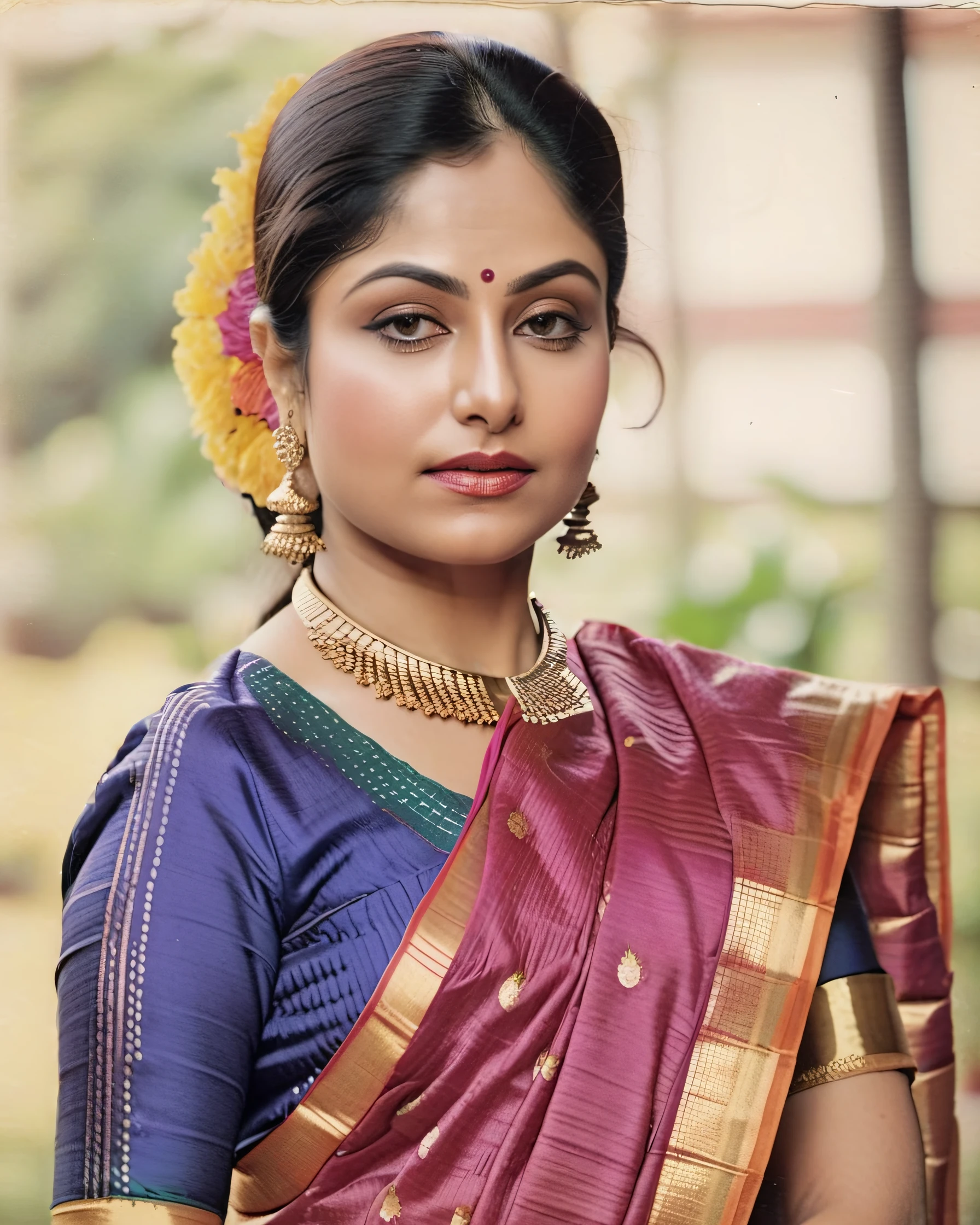 ultrarealistic full body photo of a 30-year-old ayesha jhulka woman, high neck Kanjeevaram Silk Saree, Pouty lips of disappointment, macro shot camera angle, perfect eyes, looking at camera, film grain, day time at house, beautiful bokeh <lora:Ayesha_Jhulka_SDXL_LoRA:0.9>