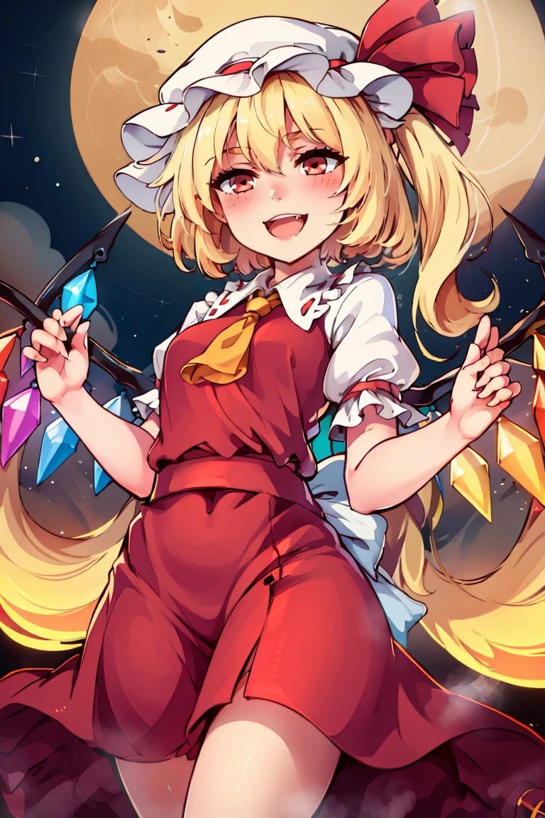 ((masterpiece,best quality)), absurdres, <lora:Flandre_Scarlet_Touhou:0.8>, Flandre_Scarlet_Touhou,  1girl, flandre scarlet, solo, blonde hair, wings, red eyes, looking at viewer, blush, hat, crystal, one side up, ribbon, open mouth, smile, mob cap, shirt, solo, smiling, looking at viewer, cowboy shot, full moon, big moon