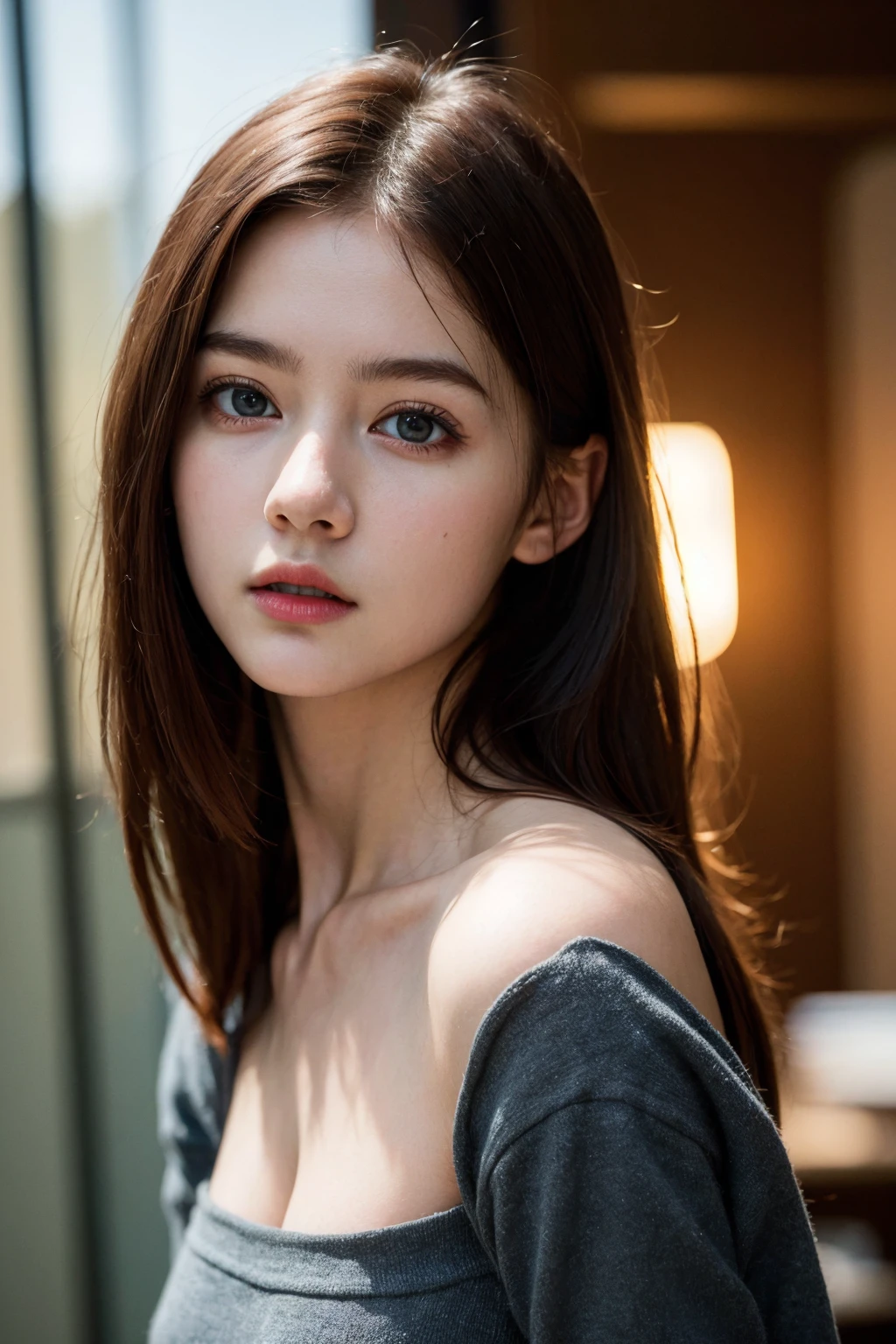 Ultra-high resolution, Better Quality, photo shoot, 4K, (Realistic:1.4) Freckle portrait photography , Big breasts super long brown hair, brown eyes