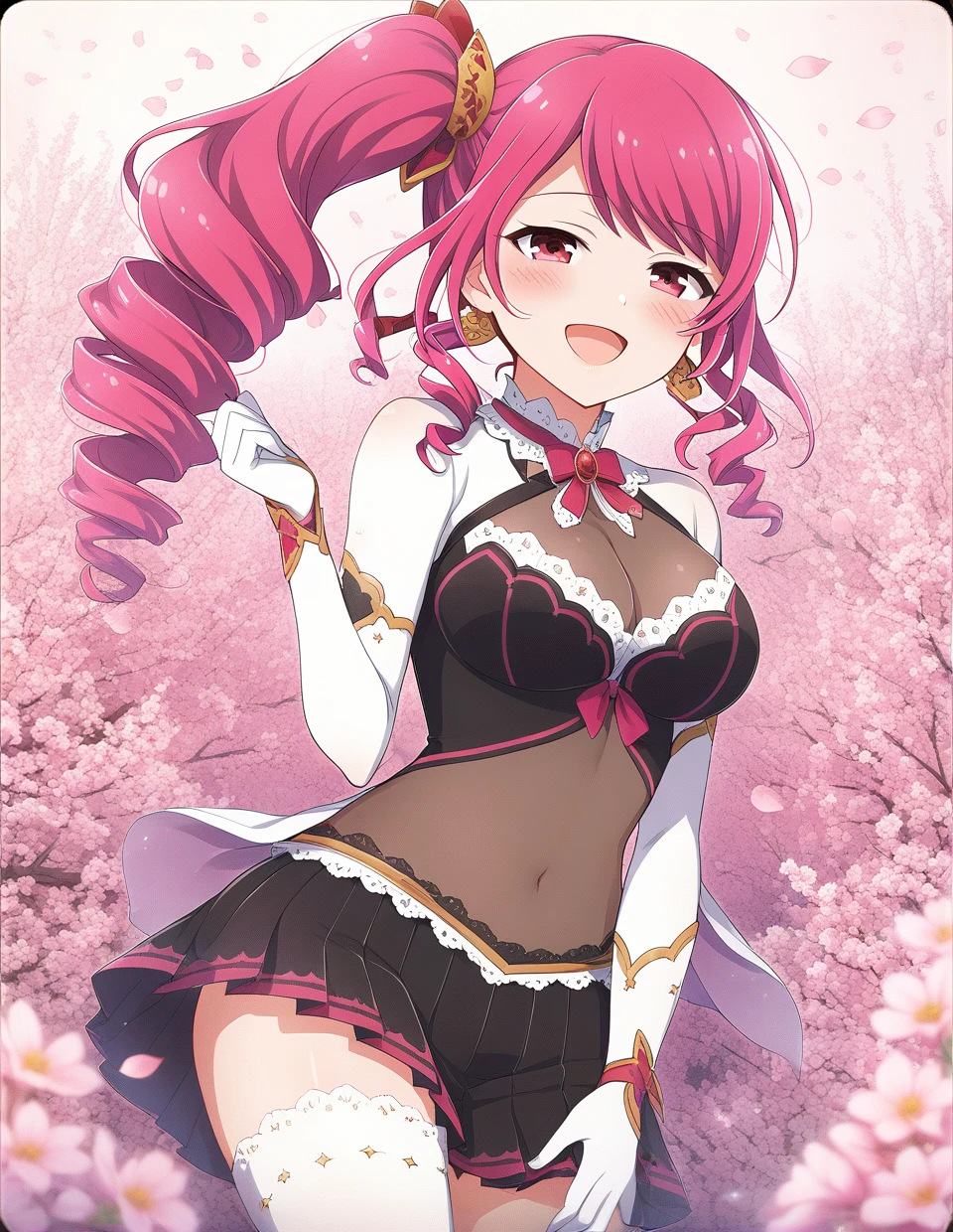 (dutch tilt:1.5), masterpiece, 8k wallpaper, absurdres best quality, dynamic angle, 1girl, fox ears, charming, delicate, extremely cute, small breasts, crimson hair, ahoge, long hair, side locks, hair braids, detailed eyes, green eyes, (strapless top, shorts, mischievous big smile, mischievous, standing, leaning forward:1.2), hair clips, blush, detailed background, outdoors, nature, sakura trees, sun, bushes, [butterflies], mountains, sun, clouds