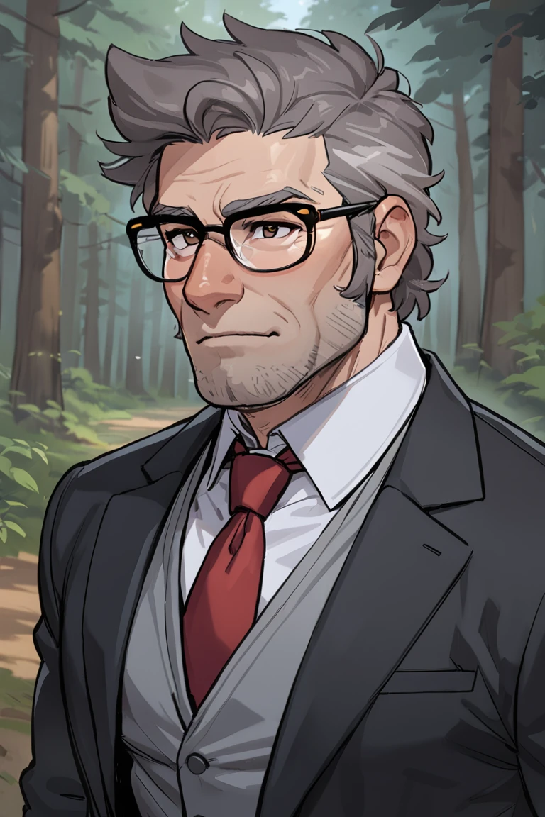 fordpines, 1boy, solo, male focus, mature male, old man, upper body, short hair, grey hair, brown eyes, thick eyebrows, glasses, black-framed eyewear, facial hair, stubble, sideburns, formal, suit, black suit, grey vest, white shirt, red necktie, standing, outdoors, forest, masterpiece, best quality <lora:Stanford (Ford) Pines SDXL_LoRA_10r_10e_32i_nr32_a16_Animagine XL V3 (Clip skip 2):0.7>